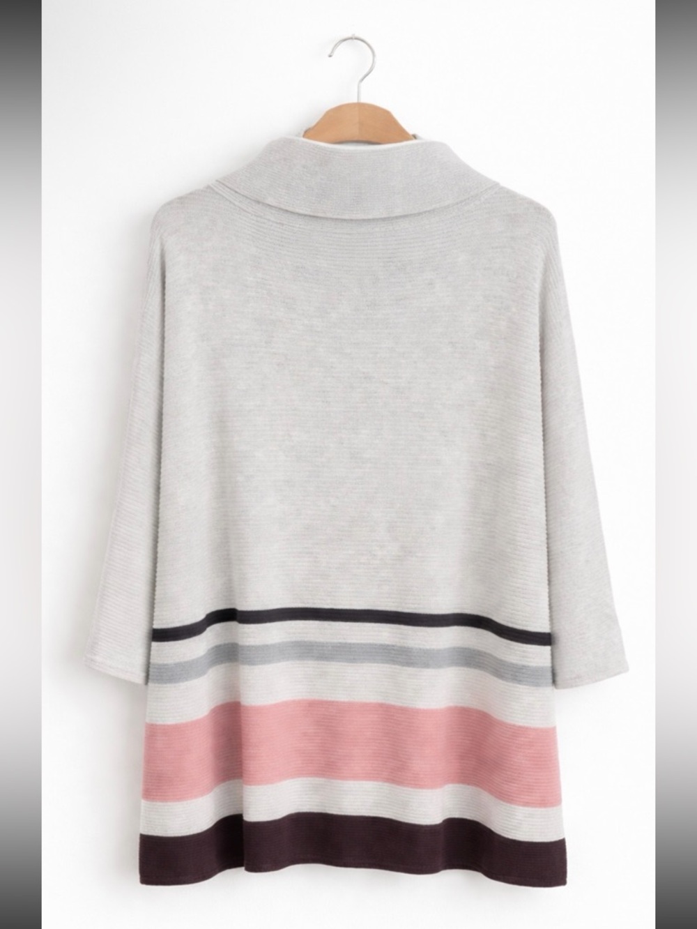 Ann Taylor Cowl Neck Poncho Sweater Medium Gray Pink Stripe Cape Style Tunic - Picture 3 of 3